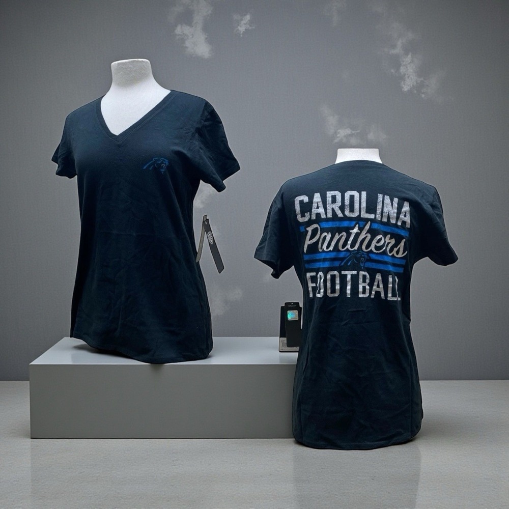 OTS Women Small‎ Black NFL Carolina Panthers Distressed Bluffdale V-Neck Tee